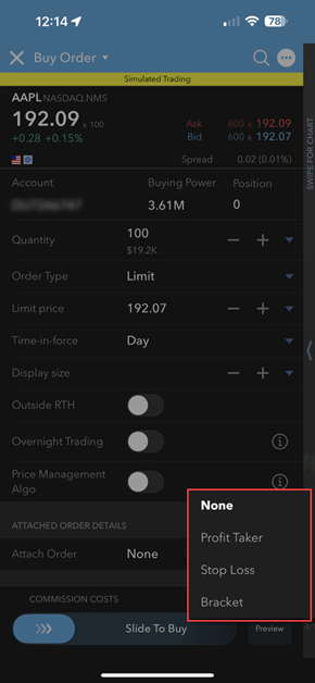 The attached orders menu on the iPhone. 